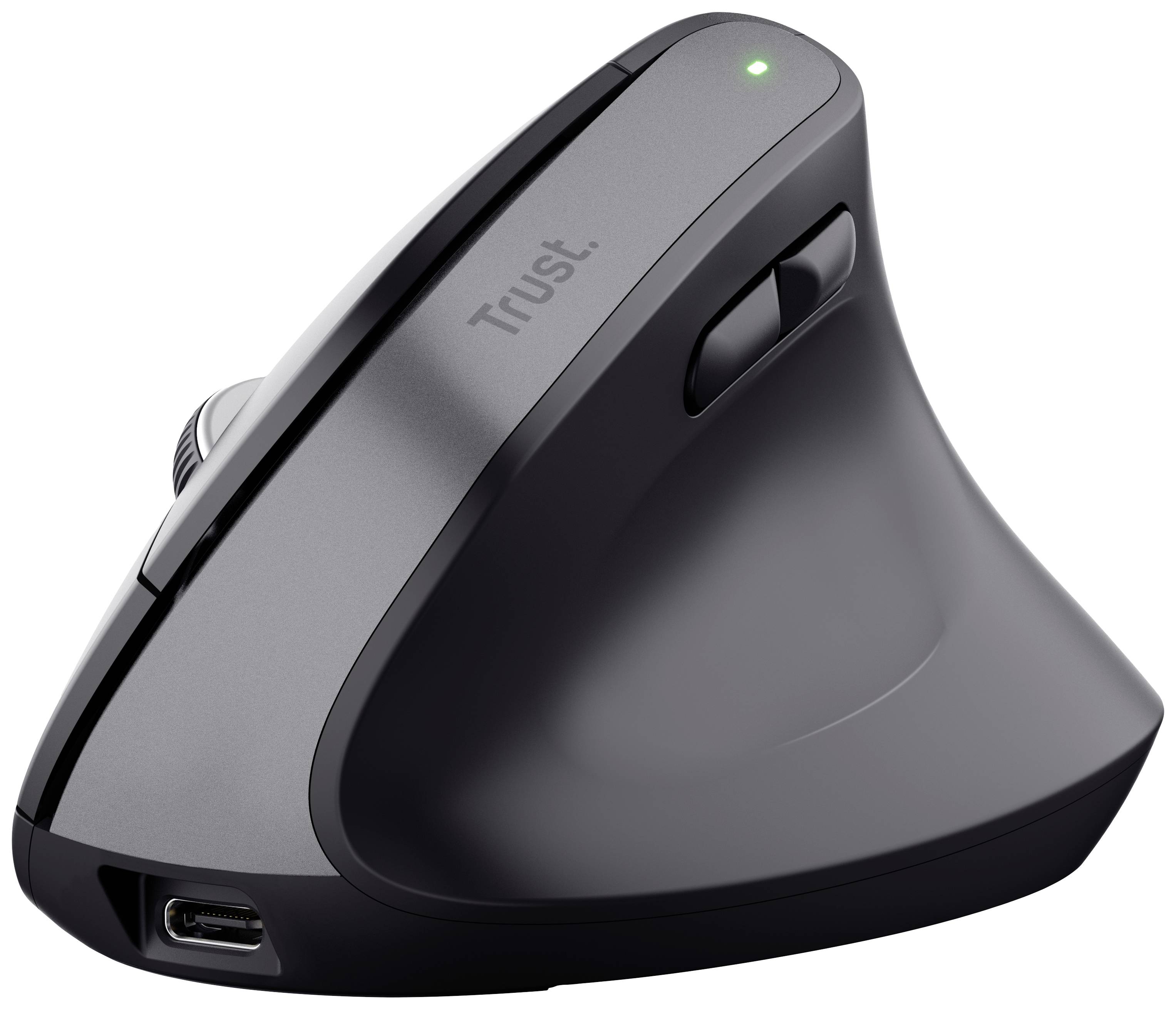 Une souris d'ordinateur ergonomique, verticale, au design noir, avec plusieurs boutons et une connexion USB-C.