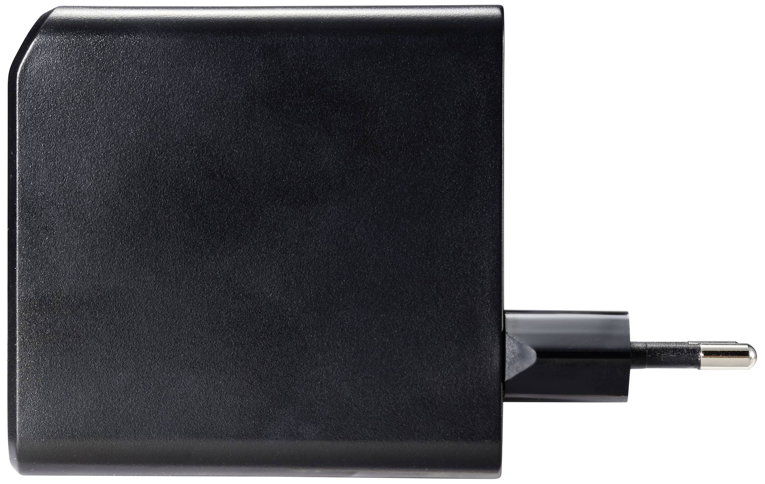 Chargeur noir avec fiche européenne, vue latérale, sur fond blanc.