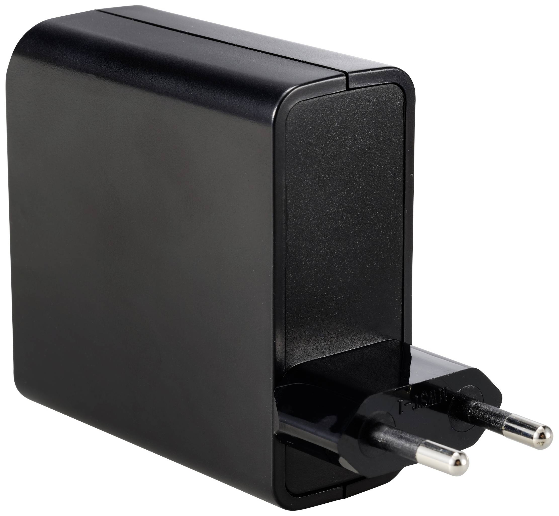 Chargeur noir à deux fiches, adapté aux prises électriques européennes, posé sur un support.