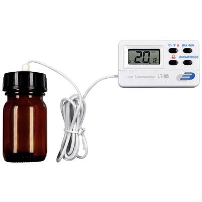 Un thermomètre de laboratoire avec affichage numérique indique 20,1 degrés Celsius. Une sonde est connectée à un récipient en verre.