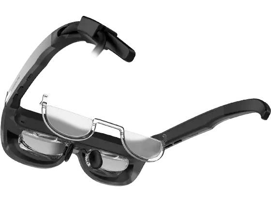 Une lunette élégante et moderne avec un écran intégré et des capteurs, servant de lunettes intelligentes pour la réalité augmentée.