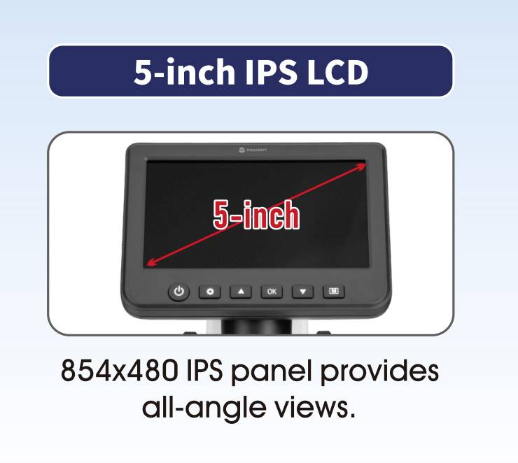 Écran LCD IPS de 5 pouces affichant un panneau IPS de 854x480 pixels avec une large angle de vue. Une flèche rouge marque « 5 pouces ».