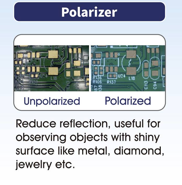 L'image montre un tableau comparatif : à gauche 'Non polarisé', à droite 'Polarisé'. En dessous, le texte : 'Réduit les reflets, utile pour observer des objets à surface brillante comme le métal, le diamant, les bijoux, etc.'