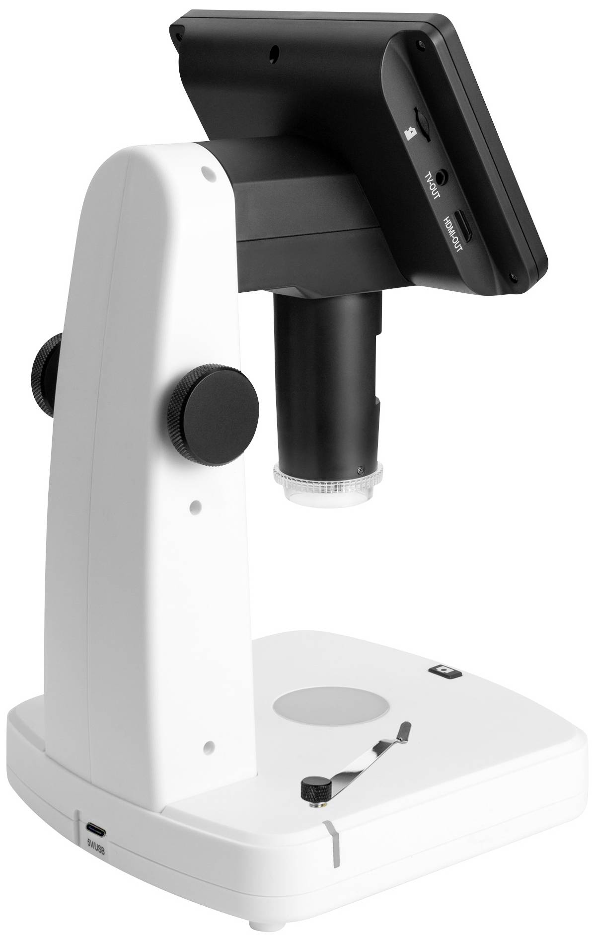 Un microscope numérique avec une tête de caméra noire sur un socle blanc. Adapté pour agrandir de petits objets dans les laboratoires.