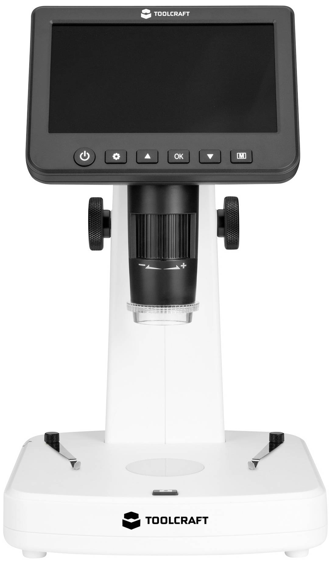 Microscope numérique avec grand écran pour l'observation de petits objets. L'écran n'affiche aucun contenu. Marqué 'TOOLCRAFT'.