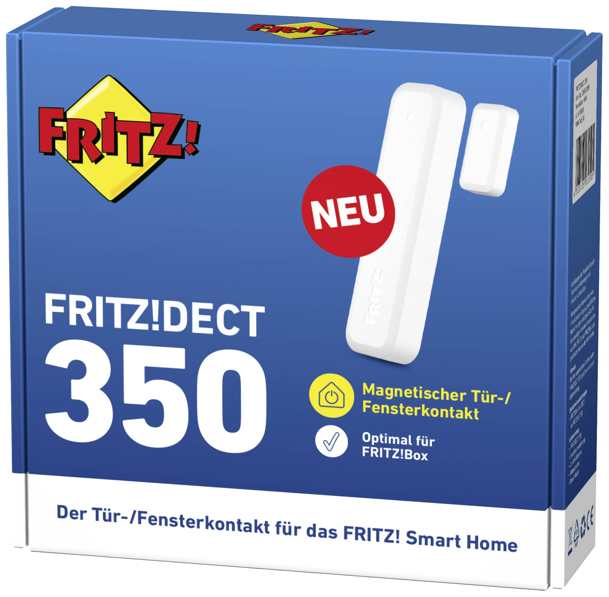 Emballage d'un FRITZ!DECT 350, contact pour porte/fenêtre, avec autocollant "NOUVEAU", compatible avec FRITZ!Box et applications domotiques.