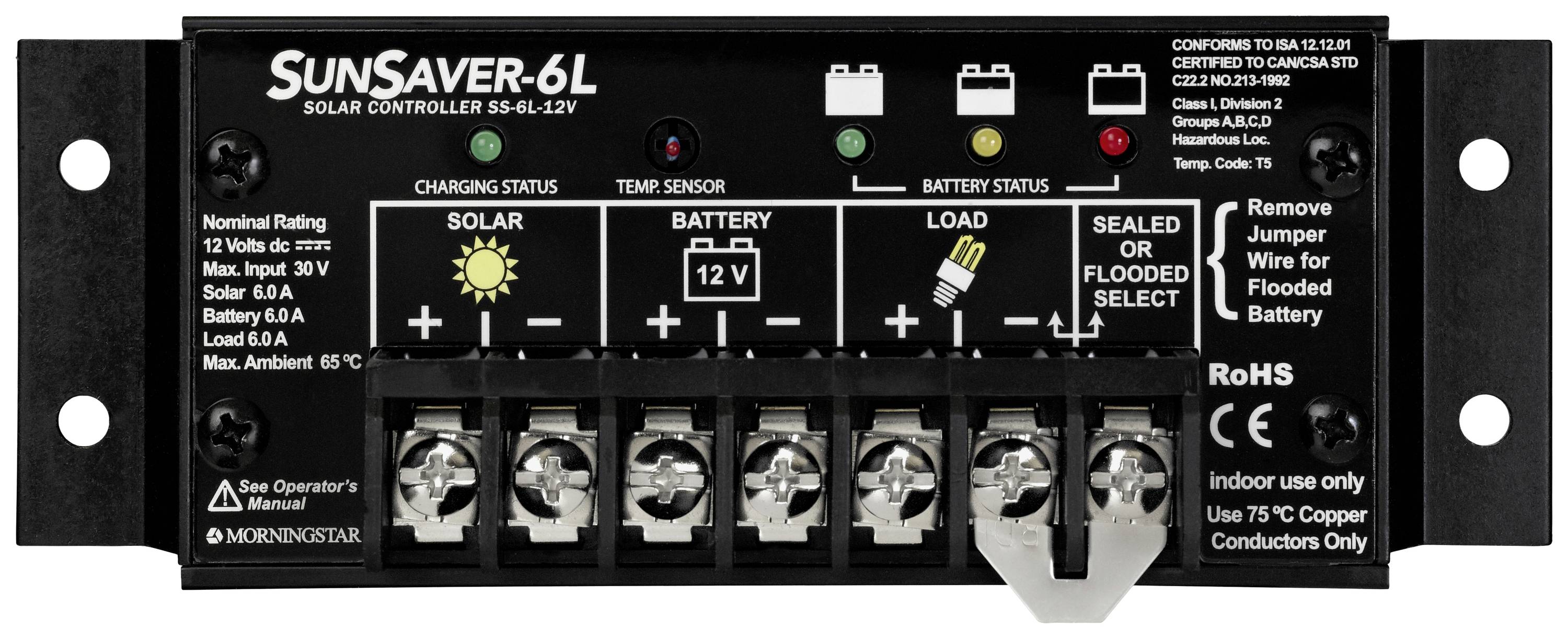 'Régulateur de charge solaire SunSaver-6L avec indicateurs pour module solaire, batterie et état de charge. Commutateur pour type de batterie. Certifié RoHS.'