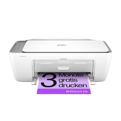 Une imprimante blanche avec une page sur laquelle est inscrit en violet « 3 mois d'impression gratuite », fait référence à une offre promotionnelle.