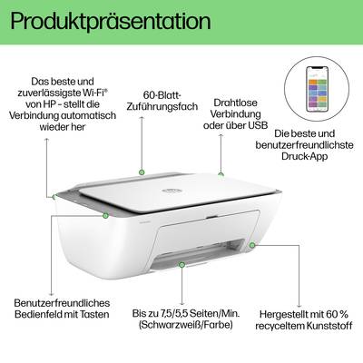 Présentation du produit : Imprimante avec bac d'alimentation de 60 feuilles, design convivial et Wi-Fi. Fabriquée en plastique écologique.