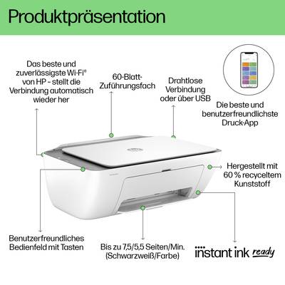Imprimante avec Wi-Fi, design éco-responsable et application d'impression. Fonctionnalités : bac de 60 feuilles, commande par touches, impression jusqu'à 7,5 pages/min.