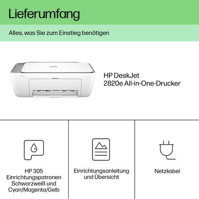 'Contenu de la boîte : Imprimante multifonction HP DeskJet 2820e, cartouches d'encre noire et couleur HP 305, câble d'alimentation. Tout ce dont vous avez besoin pour commencer.'