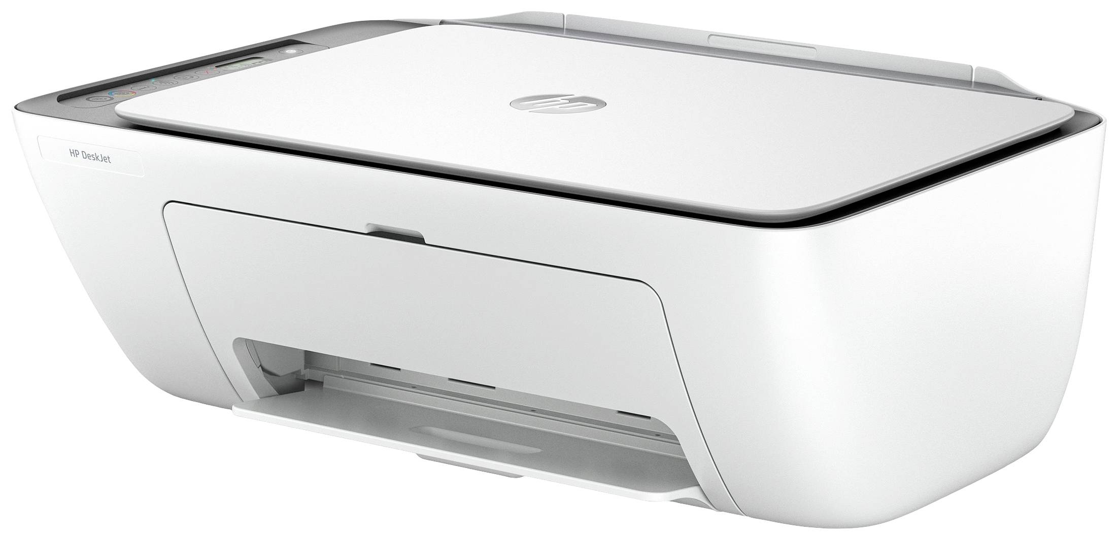 Une imprimante blanche avec scanner et bac à papier, posée sur une table, adaptée pour un usage de bureau ou domestique.