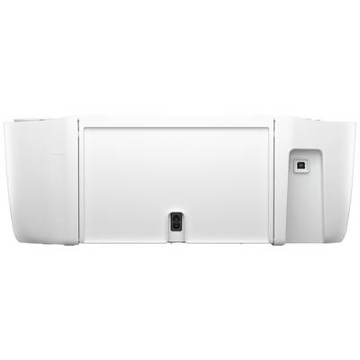 Dos blanc d'une imprimante avec des possibilités de connexion visibles et un port d'alimentation électrique au centre.