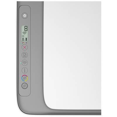 Un panneau de commande d'imprimante avec un écran affiche le statut 'Prêt' et des symboles de connexion. Touches pour Marche/Arrêt, Annuler, Wi-Fi et Copier.
