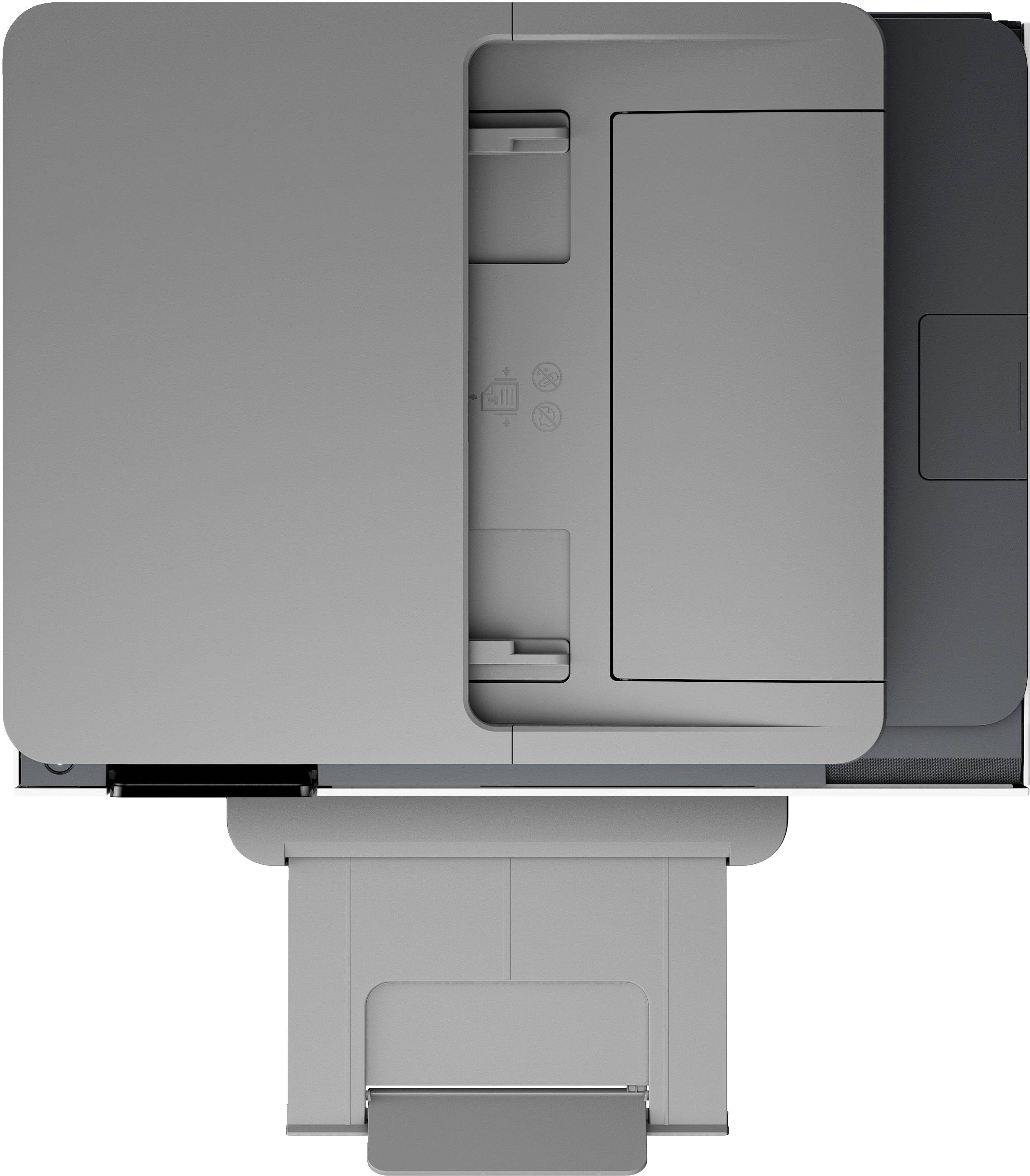 Une vue d'impression grise depuis le dessus, montrant le bac à papier en bas et le panneau de commande sur le côté droit.