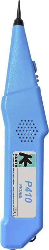 Un dispositif électronique bleu avec une sonde effilée et pointue, portant l'étiquette 'P410 PROBE'.