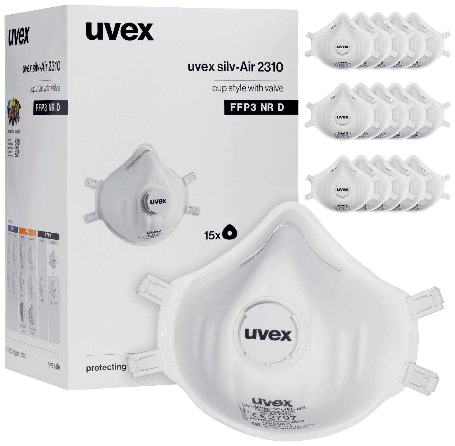 Un masque de protection respiratoire blanc FFP3 de uvex, modèle silv-Air 2310, présenté devant l'emballage qui montre 15 masques avec valve.