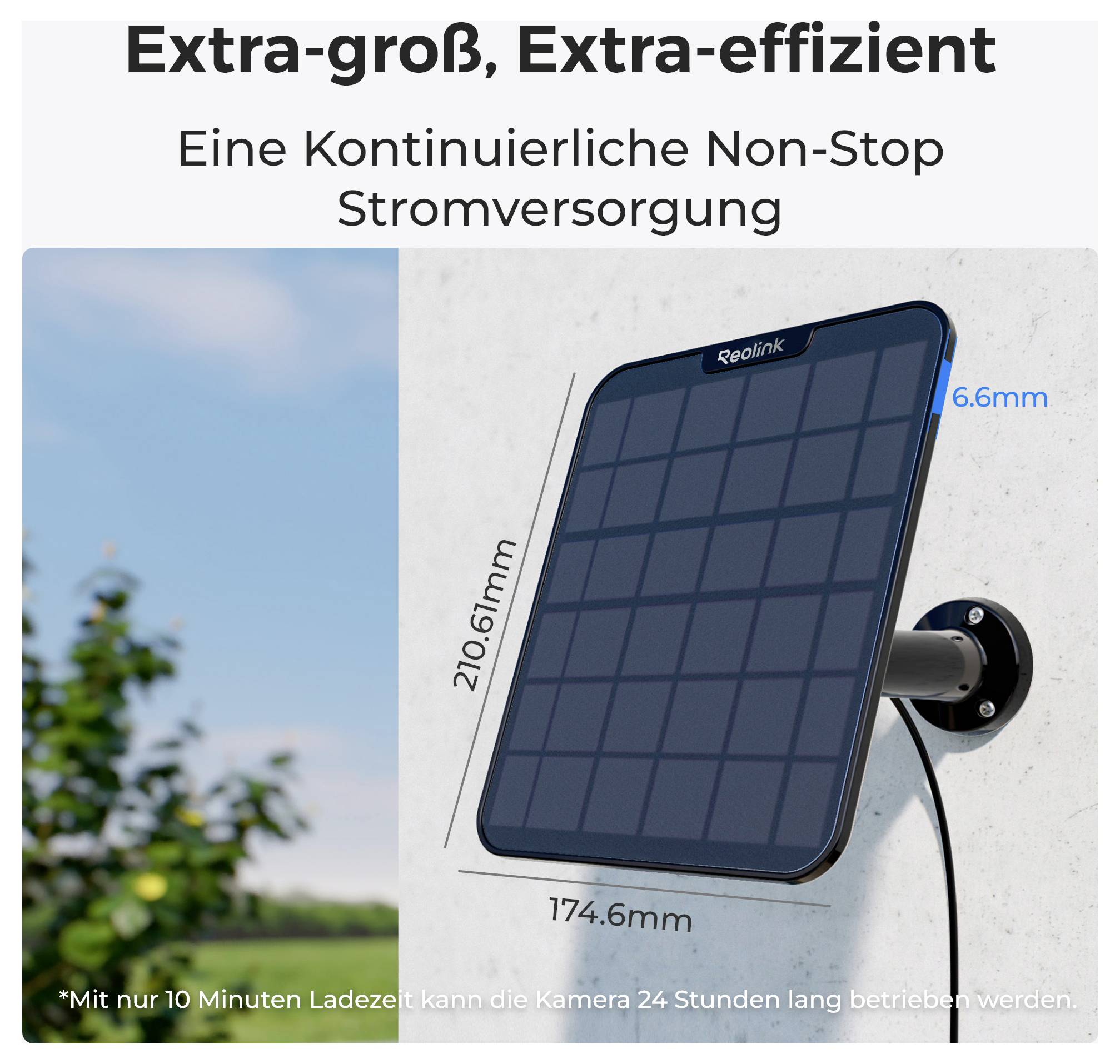 Un grand panneau solaire de Reolink monté sur un mur. Le texte souligne l'efficacité et l'alimentation électrique continue pour les caméras.