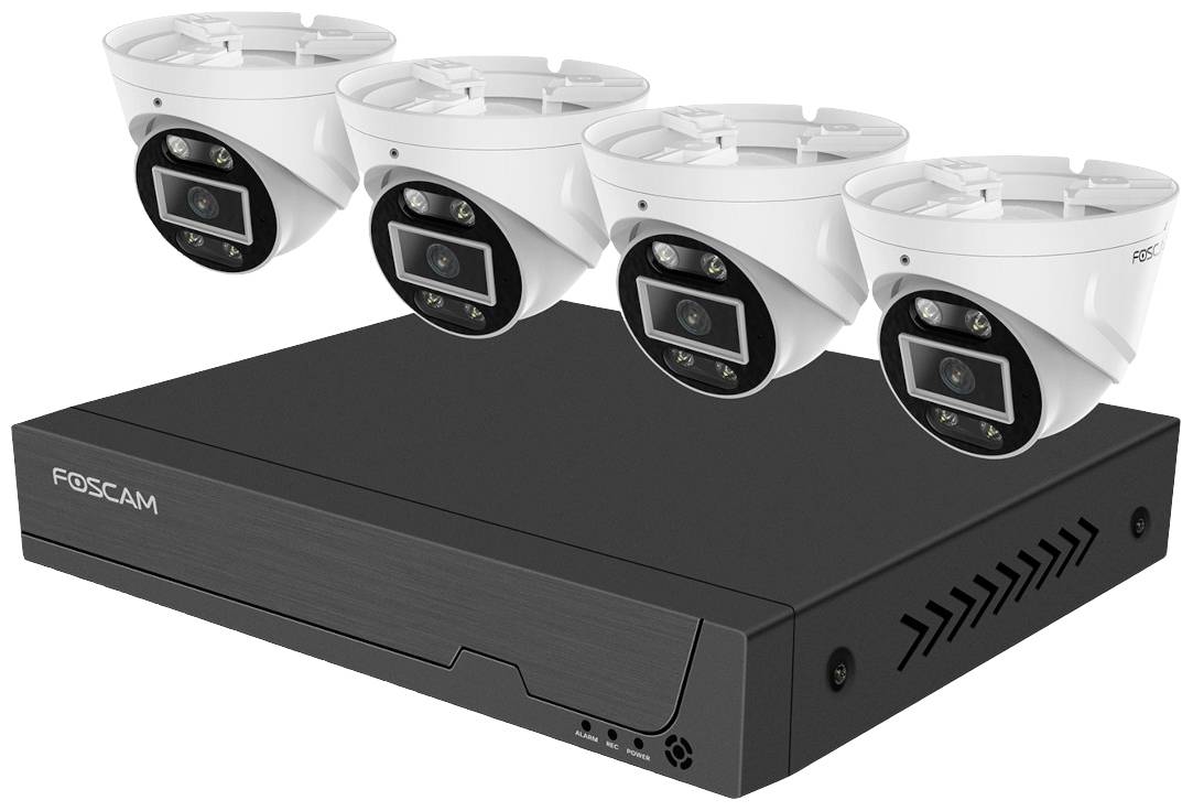 Quatre caméras de surveillance blanches et un enregistreur vidéo numérique (DVR) noir de Foscam sont visibles.