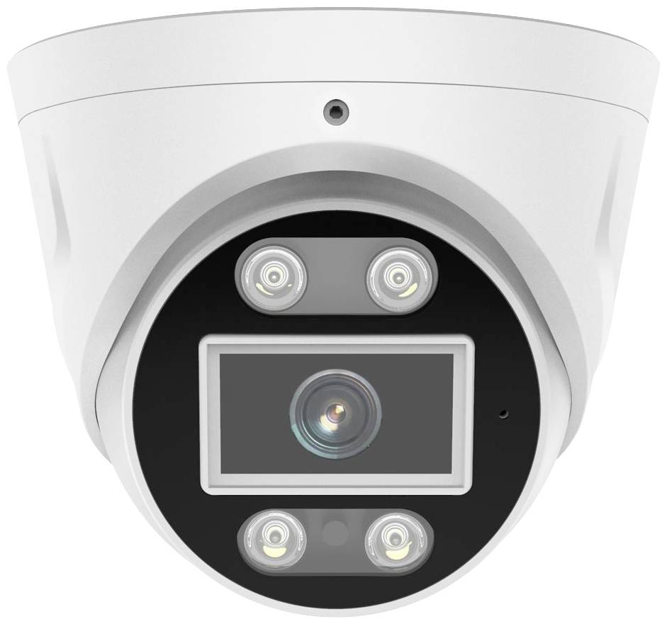 Caméra de surveillance blanche avec lampes infrarouges et objectif central pour la vidéosurveillance.