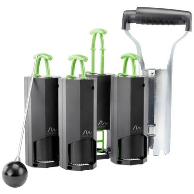 Trois appareils noirs avec des leviers verts sont alignés côte à côte, à droite se trouve un support métallique avec une poignée noire. À gauche, un ballon noir est fixé sur une tige.