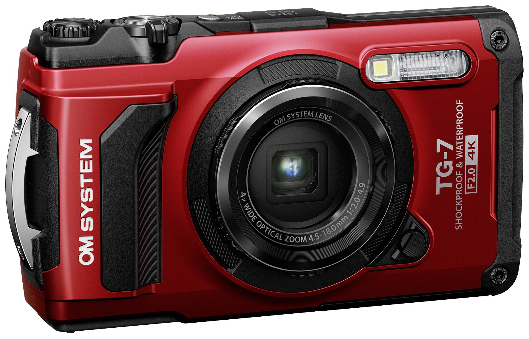 Appareil photo numérique rouge avec boîtier robuste, objectif et flash. Marqué comme étanche et résistant aux chocs, adapté pour les prises de vue en extérieur.