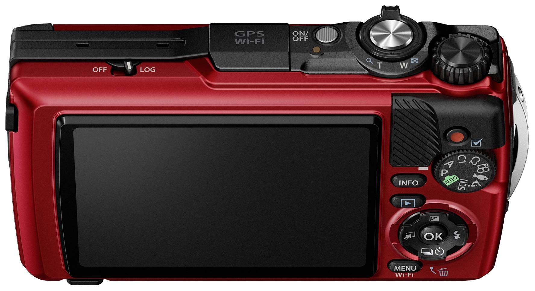 Appareil photo numérique rouge vu de dos, avec un grand écran, plusieurs touches et une molette de sélection, adapté pour la photographie et les enregistrements vidéo.