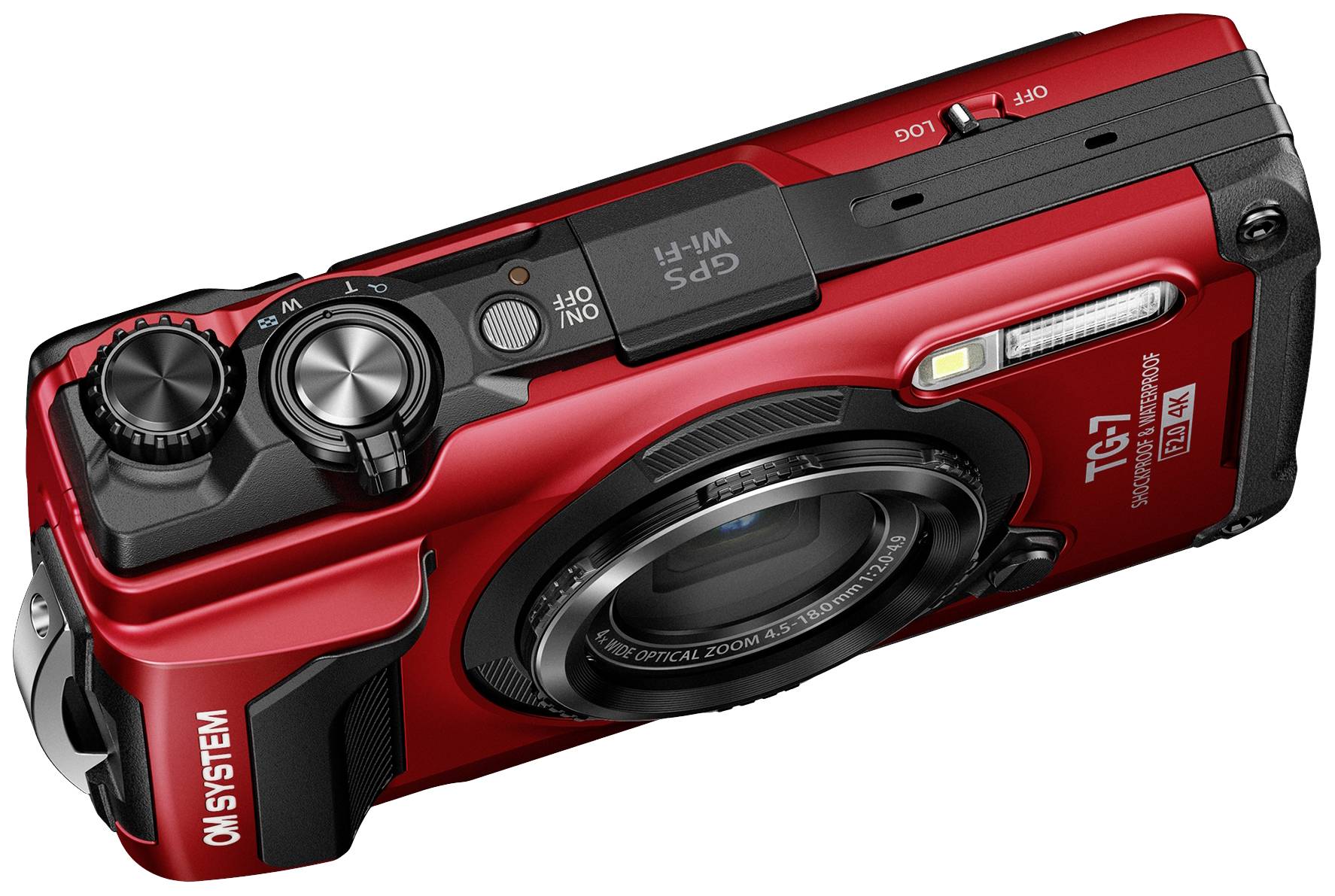 Caméra numérique rouge vue de dessus avec plusieurs éléments de commande et un objectif. Elle est robuste, compacte et adaptée aux activités de plein air.