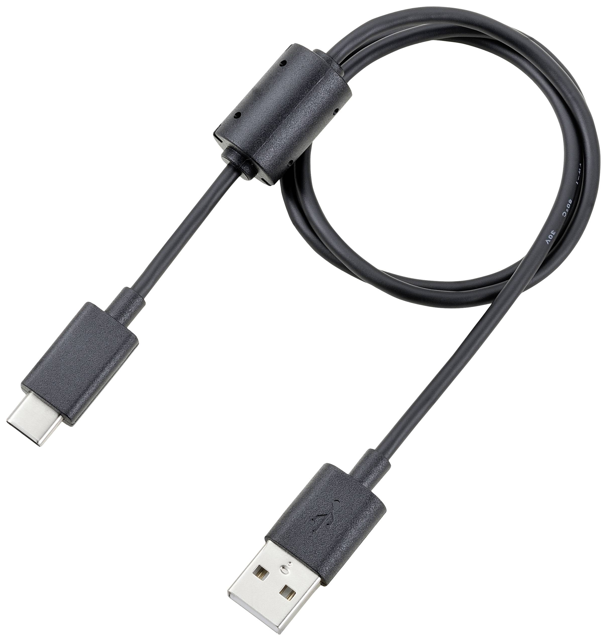 Un câble USB noir avec des connecteurs USB-A et USB-C illustre la connexion entre les appareils plus anciens et plus récents.