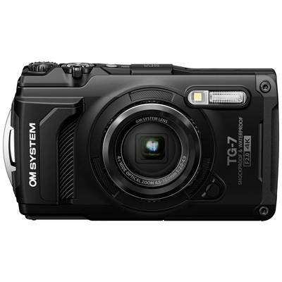 Un appareil photo outdoor noir avec enregistrement 4K et boîtier étanche, modèle OM System TG-7, équipé d'un objectif zoom et d'un flash.