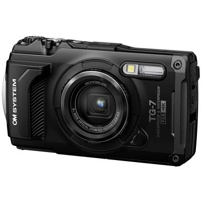 Un appareil photo numérique noir portant l'inscription « OM System TG-7 Shockproof & Waterproof F2.0 4K » sur la face avant.