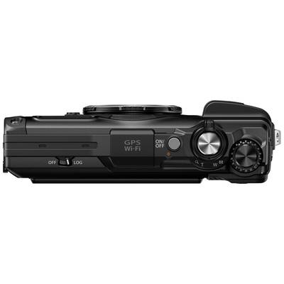 Appareil photo numérique vu de dessus, montrant les commandes telles que l'interrupteur marche/arrêt, la molette de sélection des modes et les touches GPS et Wi-Fi.