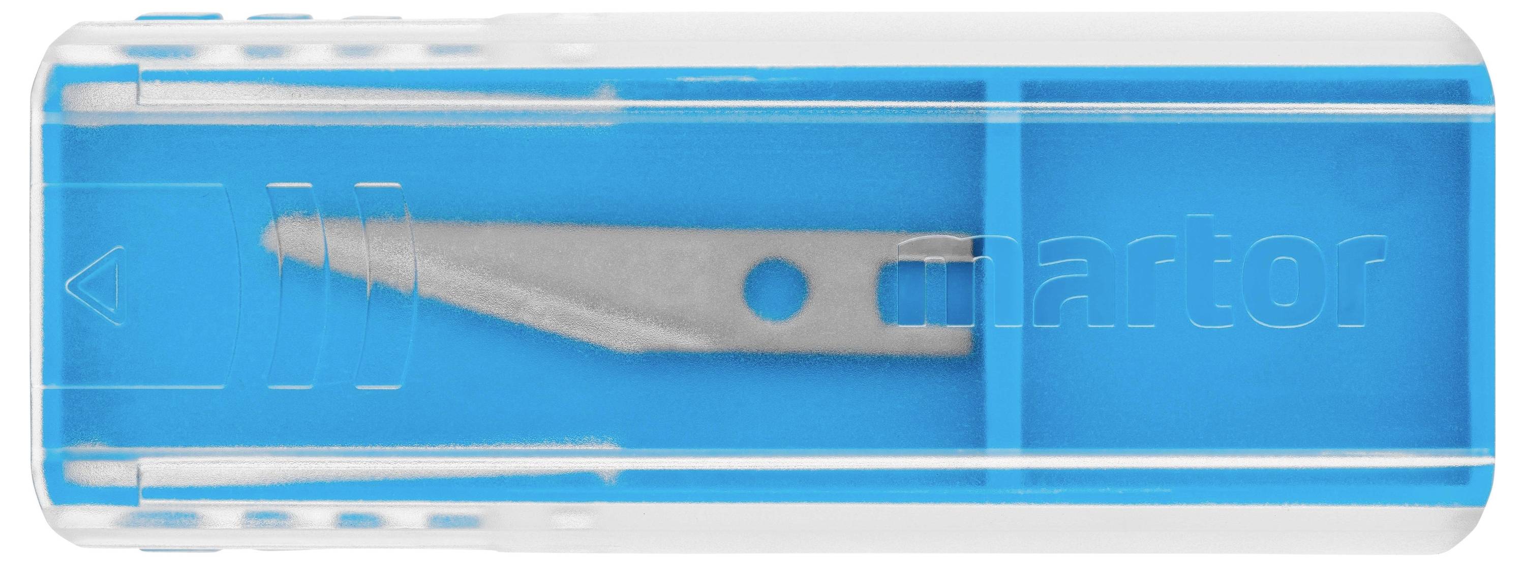 Un récipient bleu avec un couvercle transparent contenant une lame argentée.