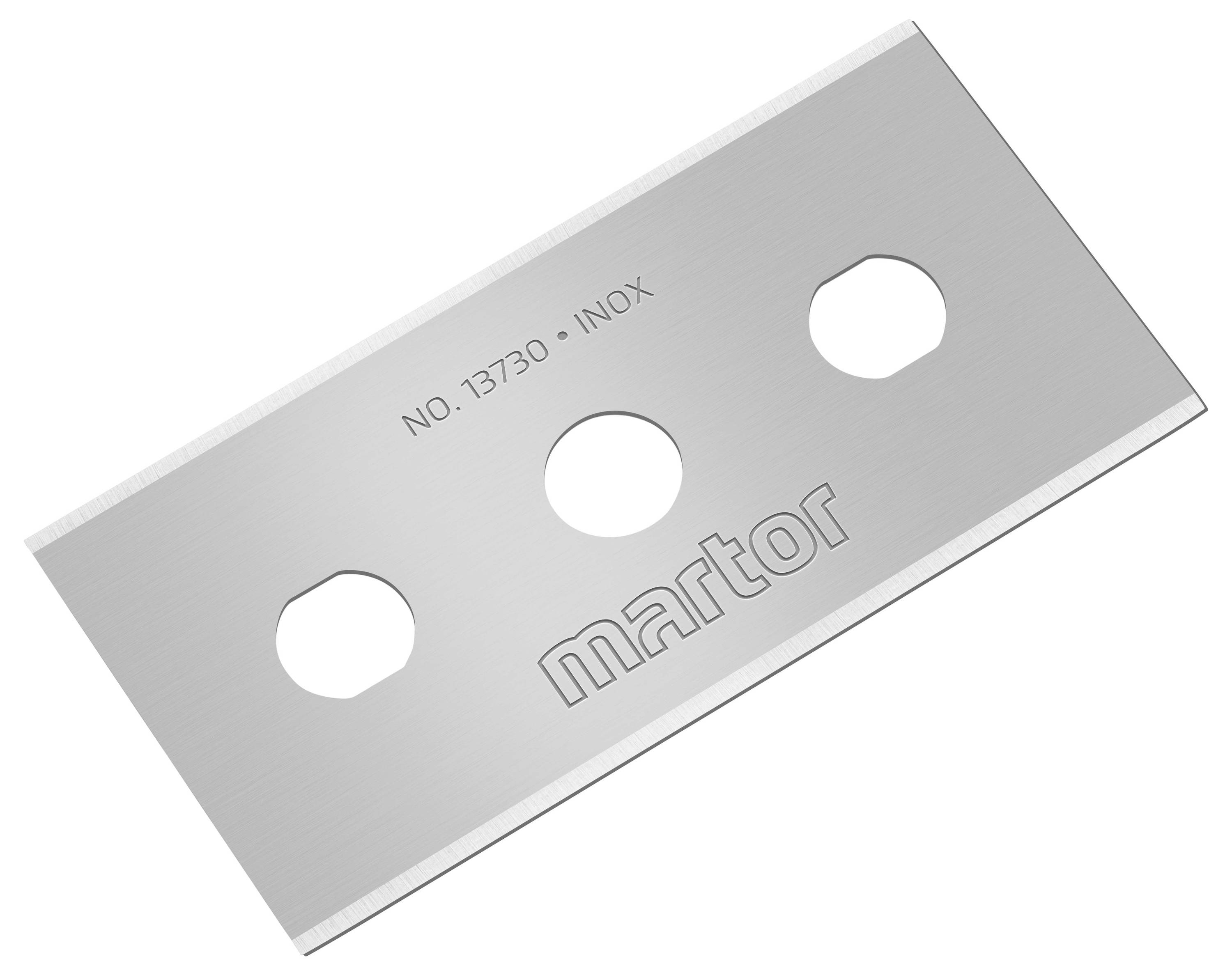 Voici une lame argentée avec trois trous ronds et la gravure 'MARTOR'.