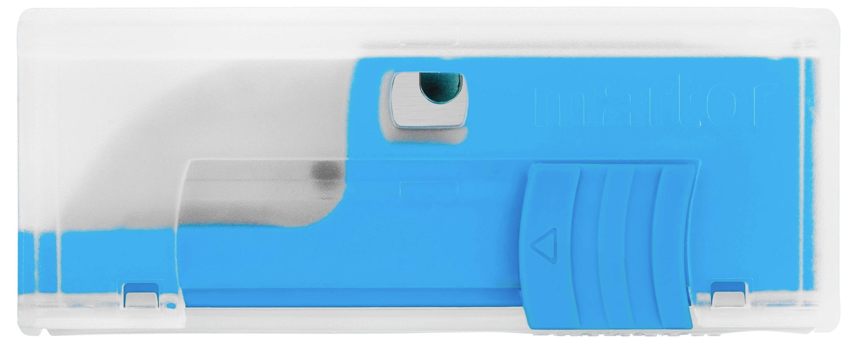 Gomme à effacer blanche et bleue vues de dessus dans un boîtier en plastique transparent.