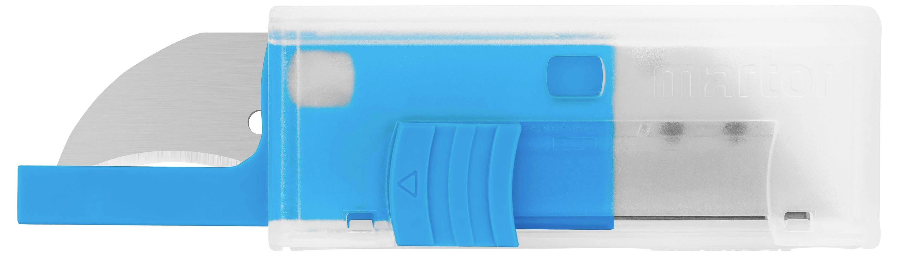 Un couteau de sécurité bleu avec un mécanisme coulissant, partiellement enveloppé par un couvercle transparent, dévoile une lame proéminente.