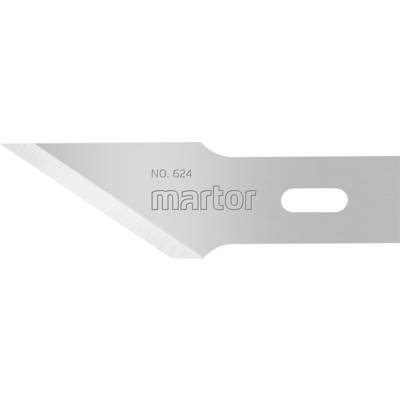 Un couteau cutter argenté portant l'inscription 'NO. 624' et 'martor', avec une pointe tranchante à gauche et une ouverture ovale à droite.