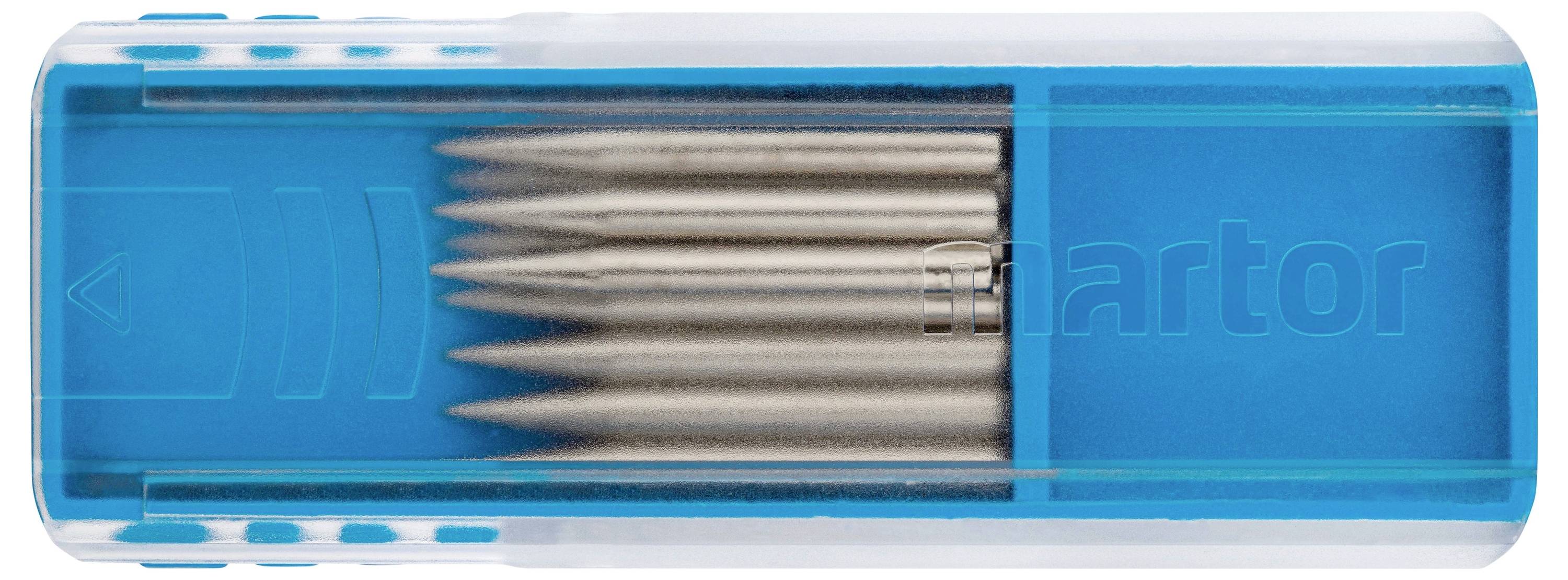 Un paquet de cinq lames de rechange, conditionnées dans un étui en plastique bleu.
