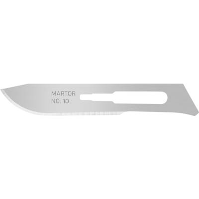 Une lame de scalpel de la marque Martor, modèle n° 10, en métal avec un tranchant acéré, adaptée pour une coupe précise.