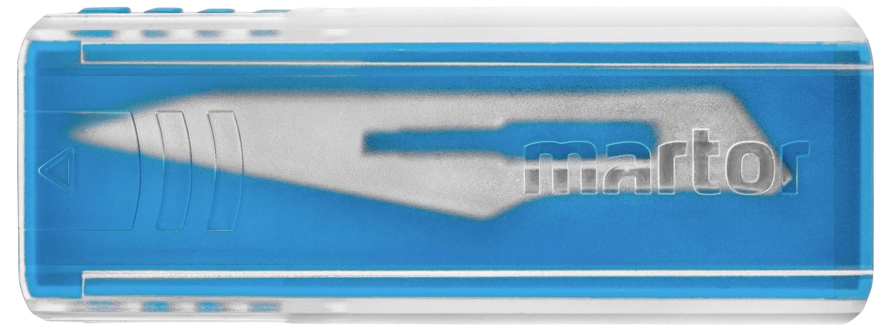 Un chargeur de lames avec une lame de rechange argentée est visible dans un boîtier transparent bleu portant l'inscription 'martor'.