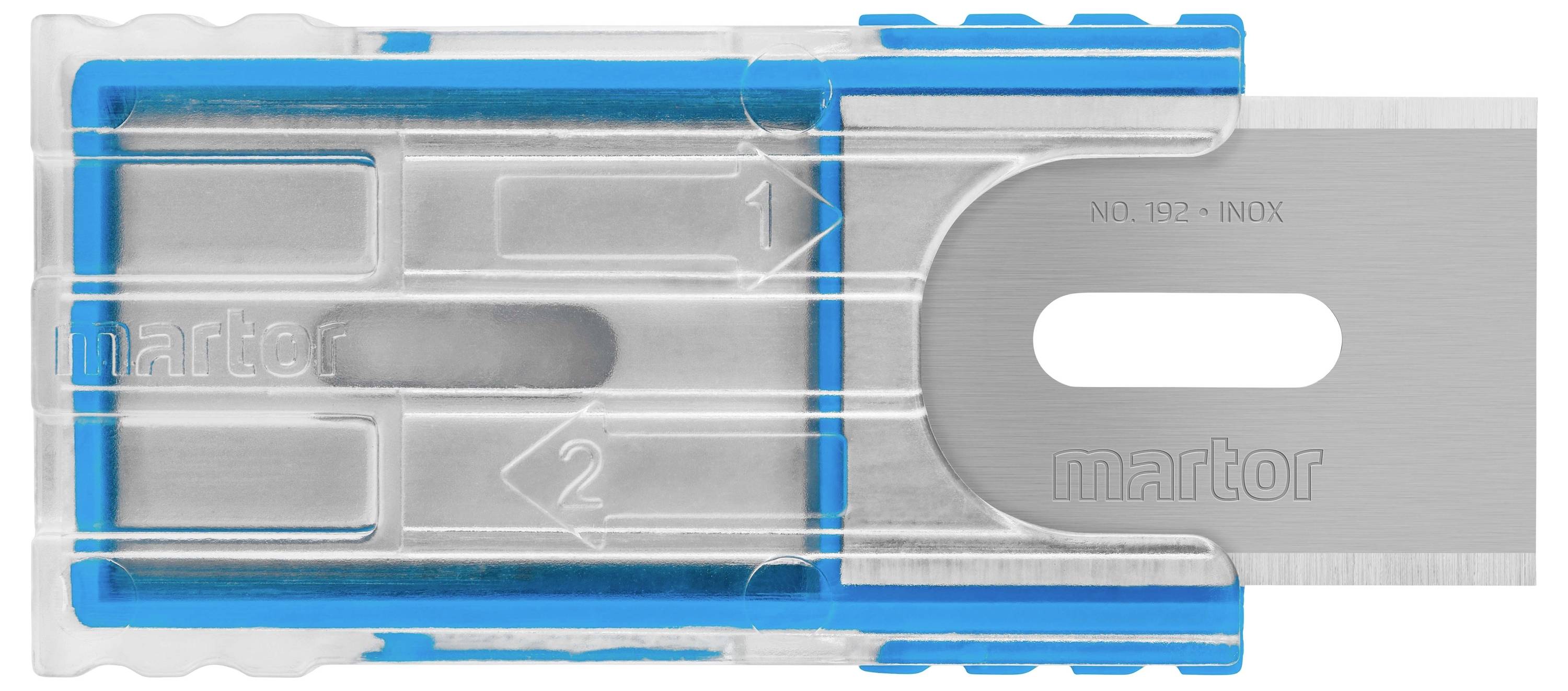 Un couteau de sécurité avec un capuchon de protection bleu. La lame est partiellement visible et intégrée dans un boîtier transparent.