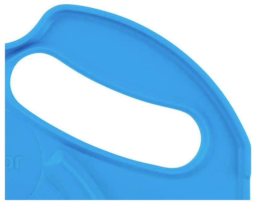 Poignée en plastique bleu avec découpe ovale, faisant partie d'un objet plus grand.