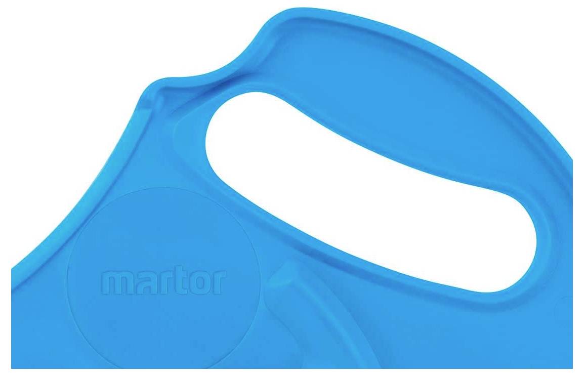 Une poignée en plastique bleu avec une ouverture elliptique, adaptée aux dispositifs de coupe stationnaires.