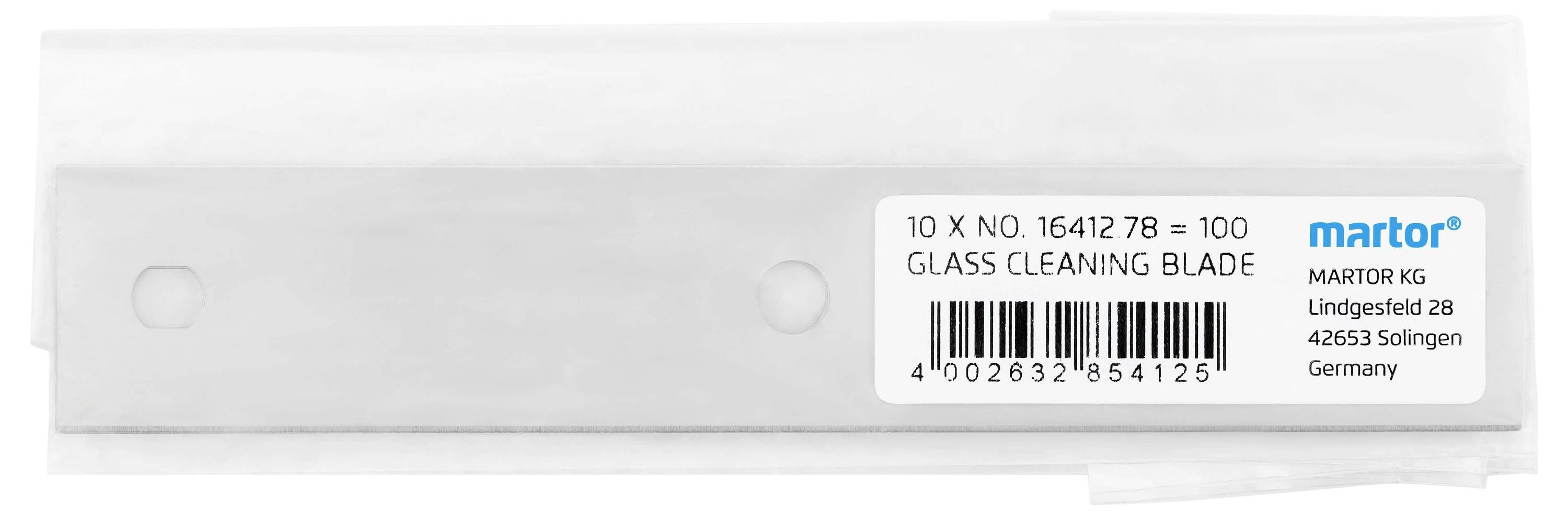 'Lame de nettoyage pour verre' de Martor, lot de 10 pièces. Emballage avec adresse de l'entreprise : Lindgesfeld 28, 42653 Solingen, Allemagne.