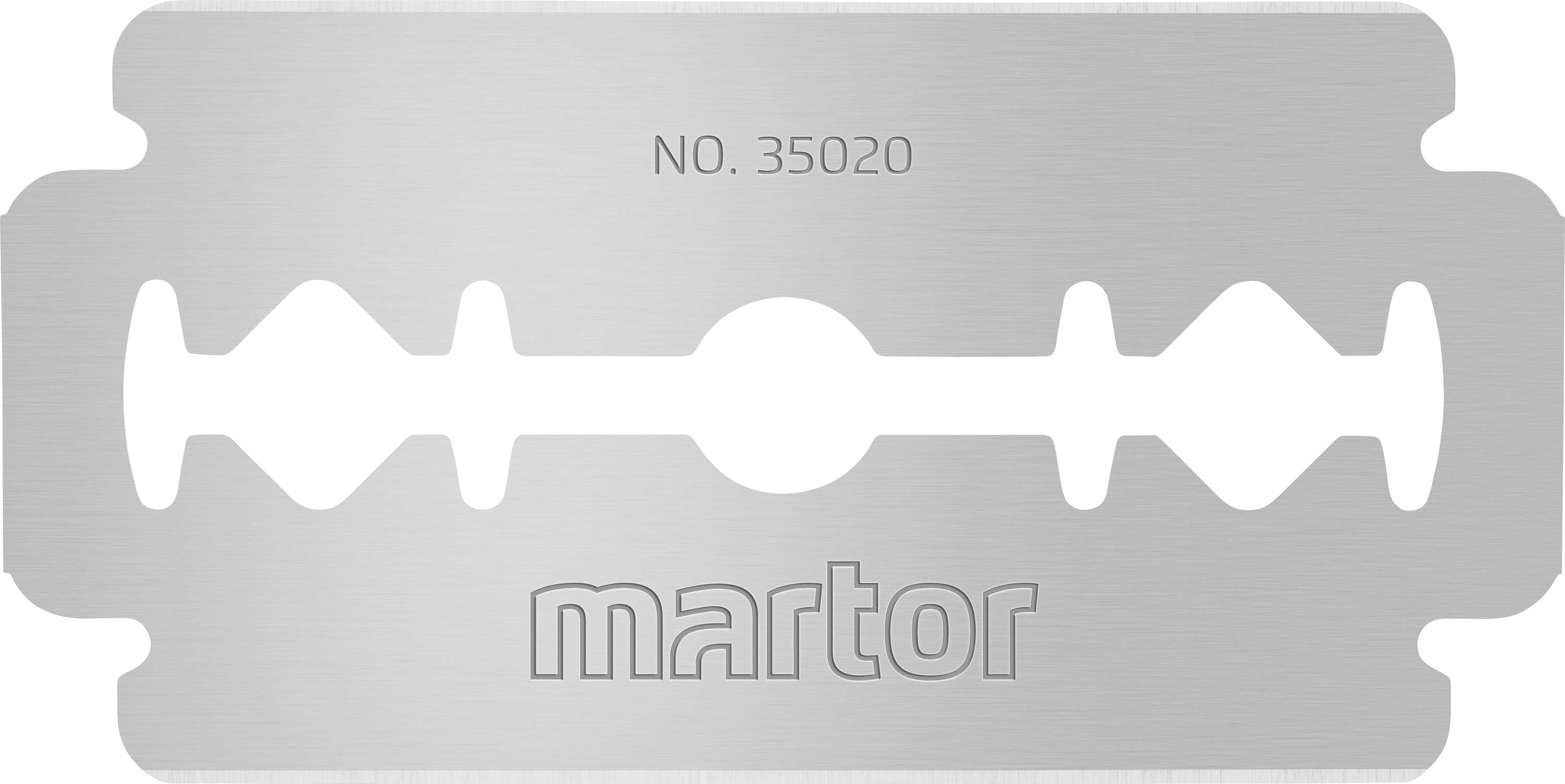Lame de rasoir en métal avec l'inscription "NO. 35020" en haut et "martor" en bas.