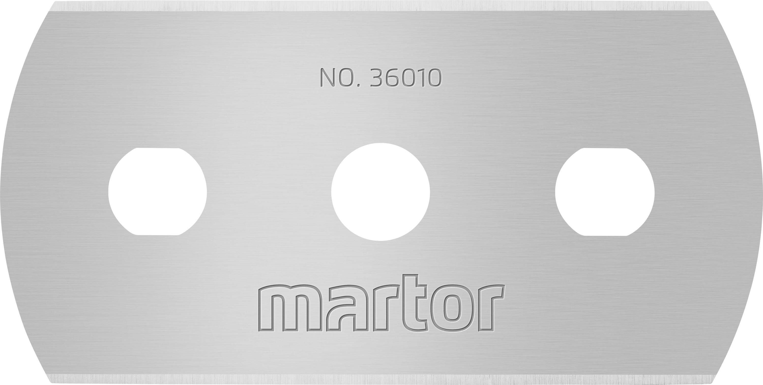 Lame en acier inoxydable portant l'inscription 'NO. 36010' et 'martor'. Elle comporte trois trous ovales au centre.