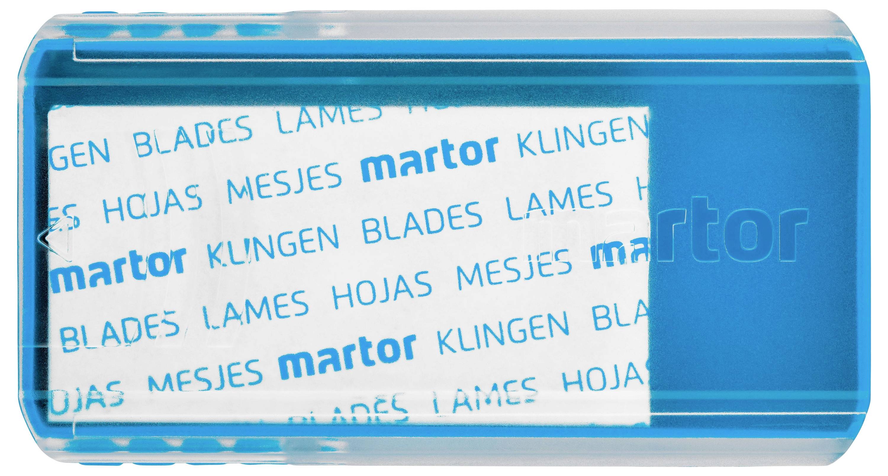 Un récipient rectangulaire en plastique bleu avec une façade transparente présente des lames de rechange emballées dans du papier blanc.