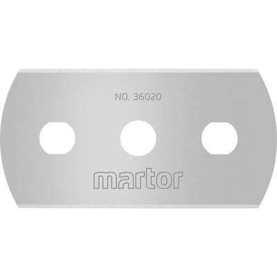 Lame de rechange en métal pour couteau universel 'Martor', rectangulaire avec des coins arrondis, deux trous ovales et un trou circulaire au centre.