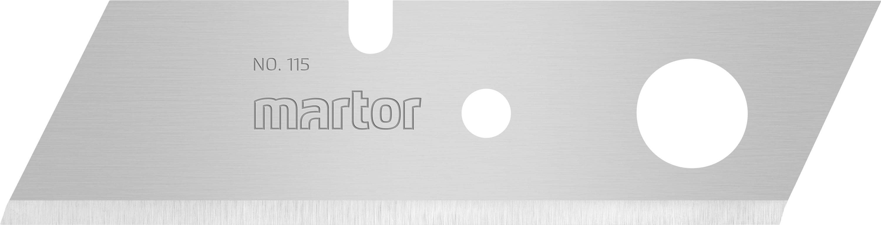 Un couteau de rechange à lame argentée portant l'inscription « NO. 115 martor », présentant deux trous de fixation de tailles différentes.