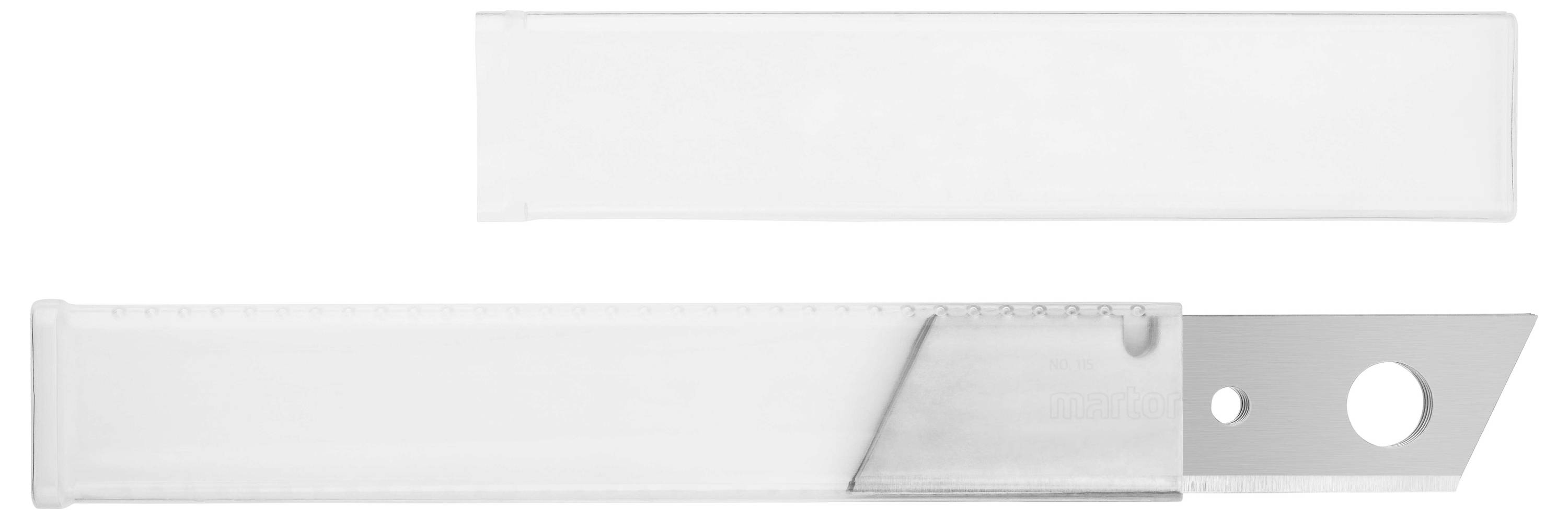 Un cutter de bureau blanc et transparent avec une lame sortie repose à côté de son étui de protection.